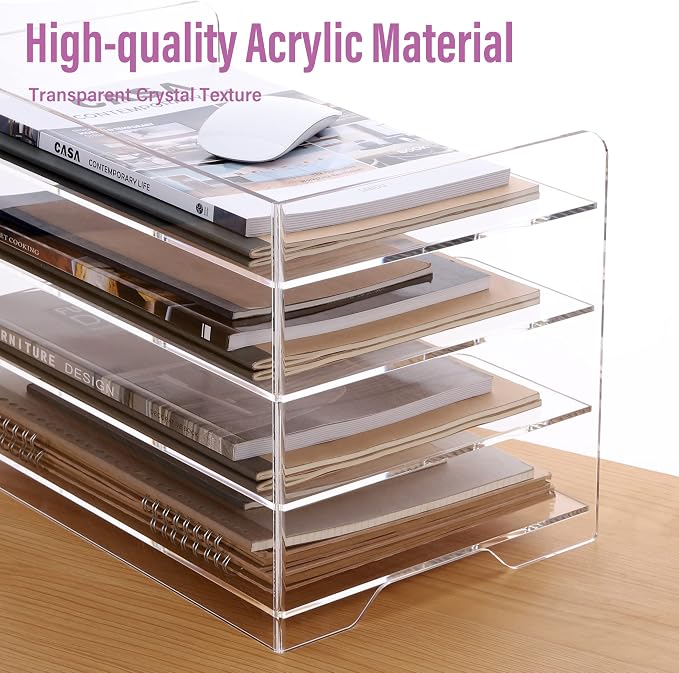 SANRUI Acrylic Paper Organizer Letter Tray for Desk, 4 Tier Enlarged File Sorter,Clear File Holder Desktop Shelf Document Storage for School Office Home - Image 4