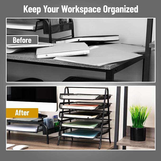 Mind Reader 5-Tier Paper Tray, Desktop Organizer, File Storage, Office, Metal Mesh, 11.75"L x 14"W x 15"H, Set of 2, Black - Image 6