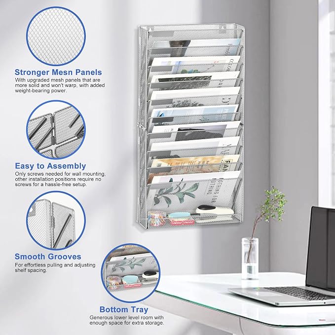 EasyPAG Wall File Holder 10 Tier Mesh Hanging Folder Organizer with Flat Tray Wall Mounted Mail Organizer Magazine Paper Desk Shelf with Nametag Label for Office Home School, Silver - Image 2