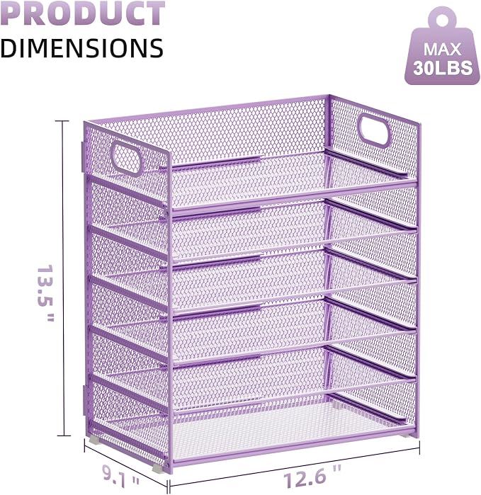 Marbrasse 6 Tier Paper Organizer Letter Tray - Mesh Desk File Organizer with Handle, Paper Sorter for Letter/A4 Office File Folder Holder - Purple - Image 3