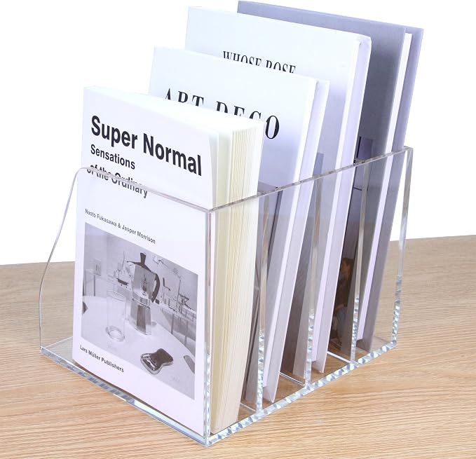 Acrylic Magazine File Holder, 4 Vertical Compartments Desk Document Sorter Organizer, Clear Folder Rack Binder for Office/Home/Classroom, for Documents, Tablet, Magazines, Books & Accessories - Image 5