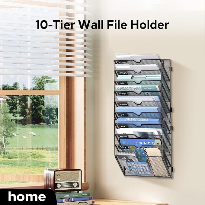 10-Tier Wall File Organizer and Hanging File Organizer, Black, 2Pack | Wall Organizer and Wall Mounted File Holder with 10 Pockets and Label Panels for Files, Mail, Folders, Magazines and Paper - Image 6