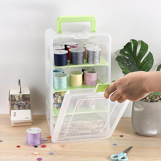 BTSKY Clear Plastic Dividing Storage Box with 4 Deep Compartment Sewing Box | 13.9x7.9x6.2 Inches Adjustable Storage Bin with Lid Portable Craft Container Multipurpose Art Supply Organizer Green - Image 2