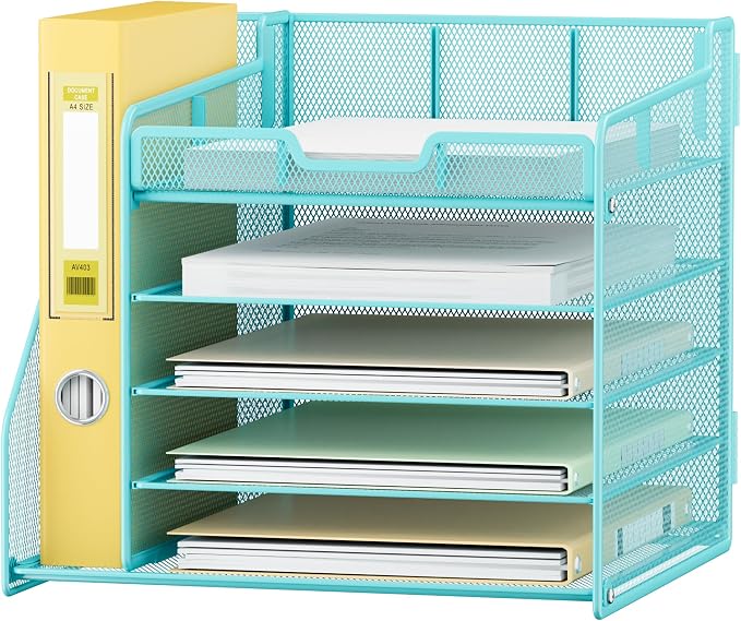 Lavatino 5-Tier Metal Mesh Desk Organizer with File Holder & 7 Customizable Compartments | Paper Letter Tray for Office or Home Desk Storage | Keep Workspace Supplies Neat & Organized, Blue - Image 2
