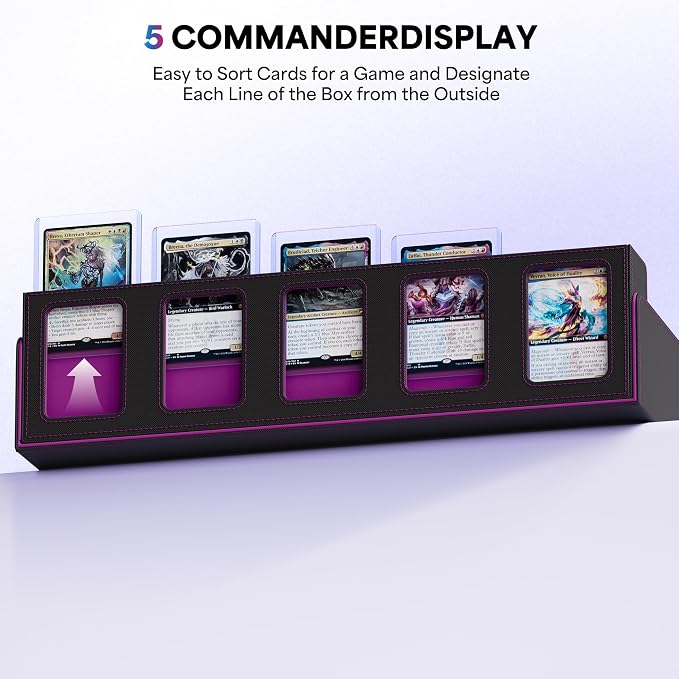 UAONO 5-Row Trading Card Storage Box with Commander Display, Black Purple | 3900+ Card Box with Removable Cover, Card Case Fits MTG TCG Sports Cards, 48 Dividers, 5 Stoppers, 5 Top Loaders, Dice Box - Image 4
