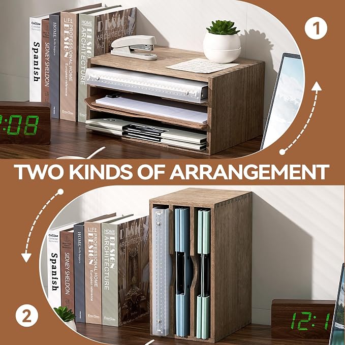 KIRIGEN Wooden Desk Organizer 3-Tier Letter Tray and Paper Sorter, Brown | Solid Wood Paper Tray Document Holder Organizer for Letters, Files, Folders, Mail, Magazines and Office Supplies - Image 4