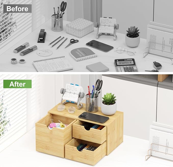 Bamboo Desk Organizer with Drawers, Desktop Storage Box for Office Supplies | 3 Drawers Desktop organizer, No Assembly Required, Natural Wood Wooden Desktop Drawers for Bills, Cosmetics, Seals, Paper - Image 5