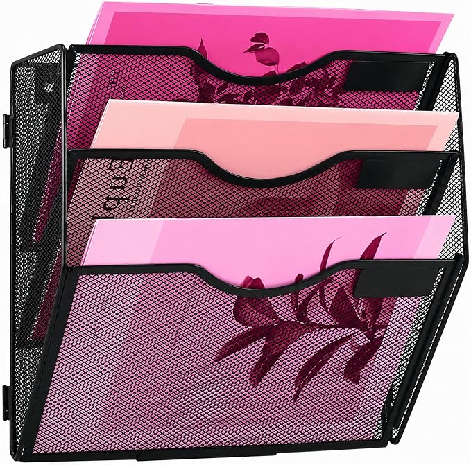 3 Pockets Mesh Wall File Holder Organizer Office Hanging File Folder Magazine Rack, Nametag Label Hooks Set Included (Black) by ideallife