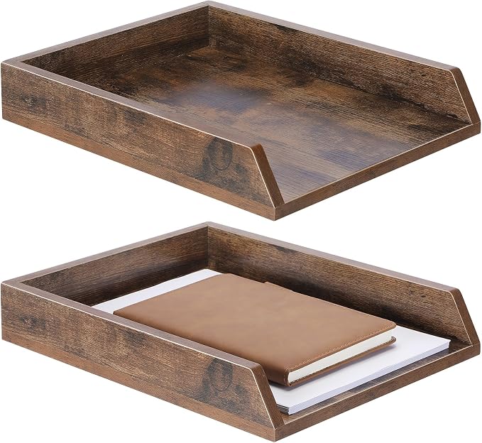 DoubleFill 2 Pcs Wooden Letter Trays 2 Tier Desktop Paper Organizer Wood Letter-Size Desk Document Tray Heavy Duty Stackable Paper Drawer Holder File Folder Back to School Office Home (Dark Wood) by DoubleFill
