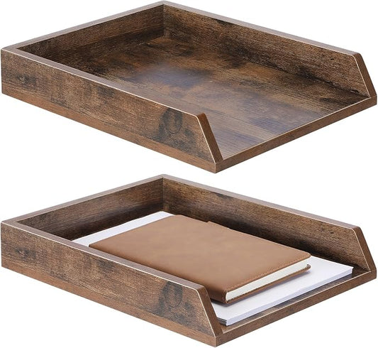 DoubleFill 2 Pcs Wooden Letter Trays 2 Tier Desktop Paper Organizer Wood Letter-Size Desk Document Tray Heavy Duty Stackable Paper Drawer Holder File Folder Back to School Office Home (Dark Wood) by DoubleFill