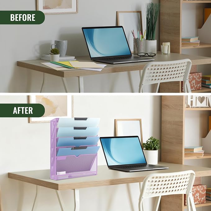 6 Tier Mesh Hanging Wall File Organizer, Desk Vertical Mail Paper Document Folder Holder Rack with Bottom Tray and Nametag Label for Office Home School, Light Purple - Image 5