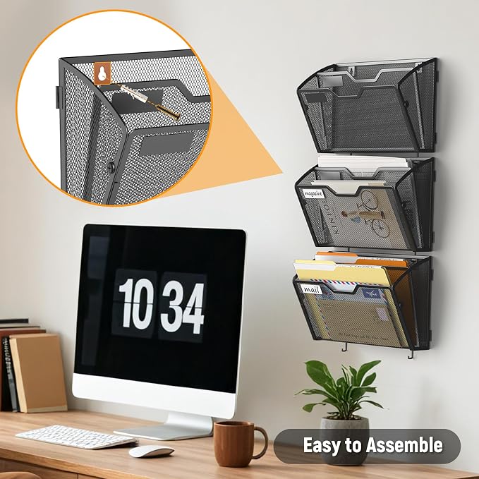 Docnest 3 Pack 2 Tier Mesh Wall File Holders with Hooks for Mail, Black | Space-saving vertical design with utility hooks. Ideal paper document organizer for office, home, and school - Image 6
