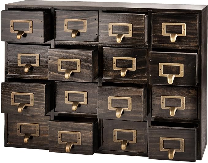 Dark Ash 16-Drawer Card Catalog Artisan Drawer Chest - 20"x3.6"x14" - Desktop Apothecary Crafted in Solid Wood, Curating Timeless Order - A 4-Tiered Storage with Label Holders & Handles for Your Table by PrimoSupply