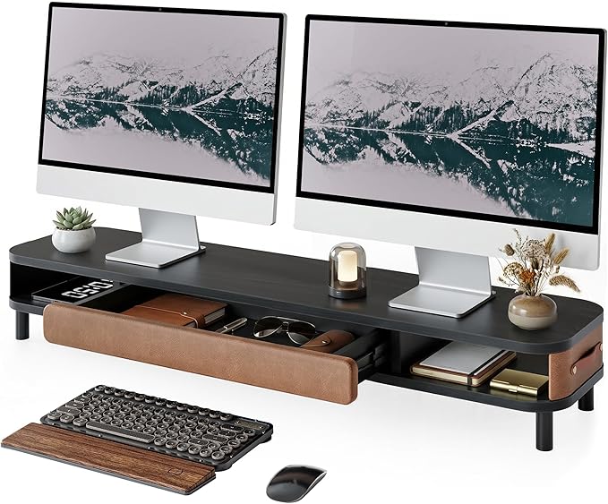 Fenge Dual Monitor Stand with Large Storage Drawer, 42.5" Dsek Shelf, Black | Slide-Out Drawer with Soft Touch Leather, Ergonomic Monitor Riser, Aluminum leg, 2-Tier Desk Organizer for Laptop, TV, PC by Fenge