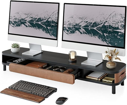 Fenge Dual Monitor Stand with Large Storage Drawer, 42.5" Dsek Shelf, Black | Slide-Out Drawer with Soft Touch Leather, Ergonomic Monitor Riser, Aluminum leg, 2-Tier Desk Organizer for Laptop, TV, PC by Fenge