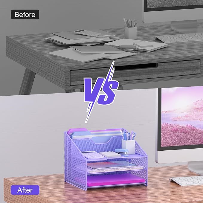 Samstar Purple Desk File Organizer, Mesh Letter File Folder Holder with 3 Paper Trays and 2 Vertical Upright Section, for Office Supplies, Desk Accessories & Workspace, Purple - Image 6