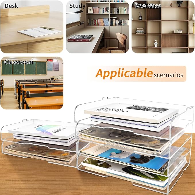 2 Pack- Stackable Paper Letter Tray,Clear Acrylic Magazine Holder and File Organizer - Sleek Desk Organizer for Home Office, Bookshelf, or Workspace - Space-Saving Transparent Document Holder - Image 6