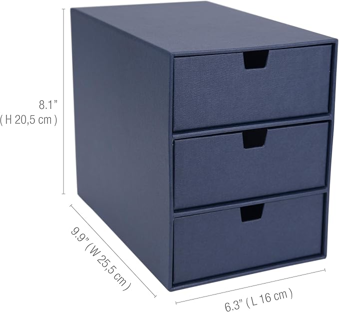 Bigso Box of Sweden Ingrid 3-Drawer Fiberboard Desk Organizer for Office Supplies & Accessories - Stackable Makeup Drawer Organizer - 6.3in x 9.9in x 8.1in - Blue - Image 3