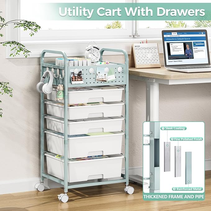 5 Drawer Rolling Storage Cart with Pegboard Top and Hooks, Green | Mobile Utility Organizer with Wheels for Office Supplies, Craft Storage, Classroom Organization, Home Storage Cart - Image 6