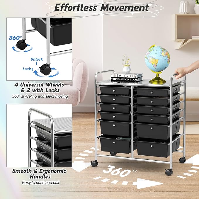 COSTWAY 12-Drawer Rolling Storage Cart, Moveable Art Craft Organizer | Lockable Wheels, Metal Shelf, Files Arrangement Tools Makeup Storage Cart for Office, Home, School (Black) - Image 5