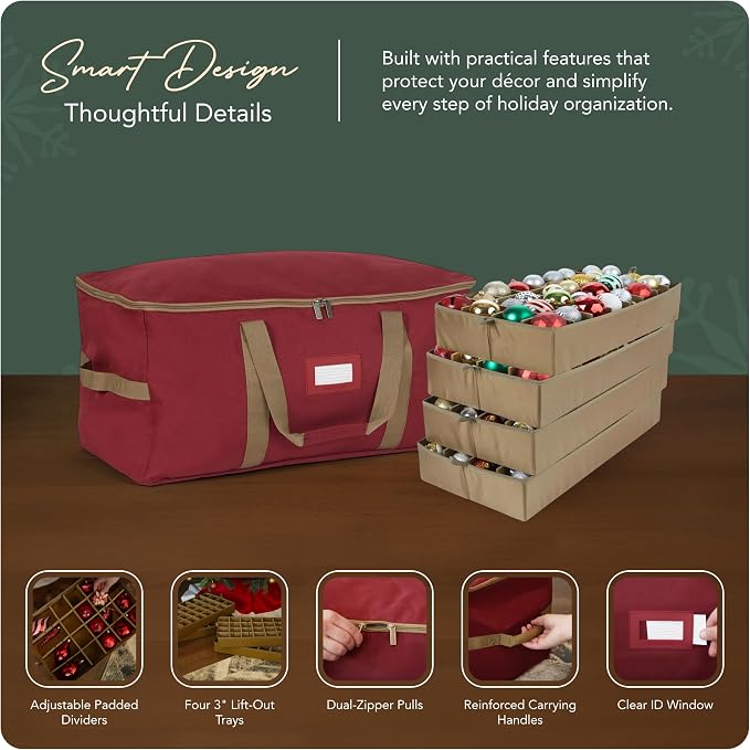 Covermates Keepsakes Adjustable Ornament Storage Bag – Heavy-Duty Polyester, Padded Dividers & FlexGrid Trays – Protective Holiday Ornament Organizer with Handles & Label Window, Red - Image 4