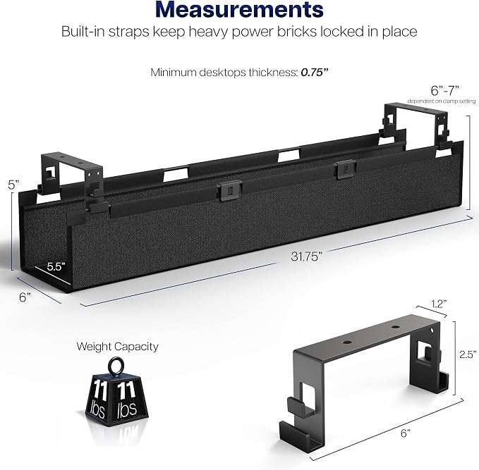 VIVO Screw-on Under Desk 31 inch Fabric Cable Management Tray, Wire Concealer, Power Strip Storage, Workspace Organization, Easy Fold Down Access, Black, DESK-AC31F-S - Image 5
