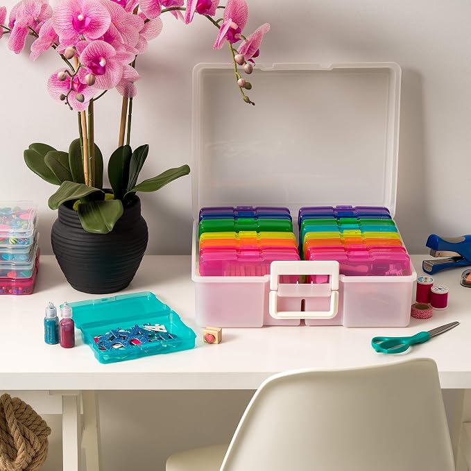 IRIS USA Photo Storage Box |Made in USA| 16 Cases - (2-Pack) - Pearl/Multi | Fits 4" x 6" Pictures / Built-In Handle / Organizing Containers for Tasks, Stickers, Ephemera & Flashcards - Image 6
