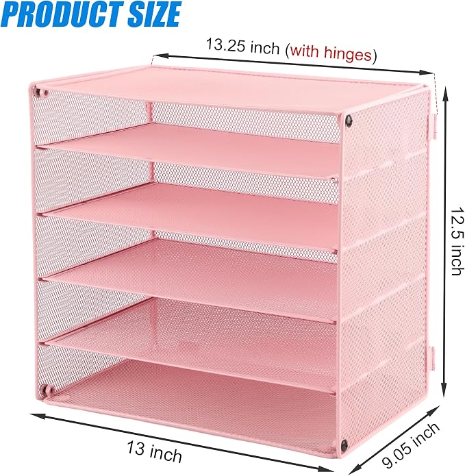 5 Slot Mesh Desk Organizer Tray, File Paper Letter Folder Holder Desktop Paper Sorter Mail Organization Rack Storage Accessories, for Office Home School Classroom, Pink - Image 2