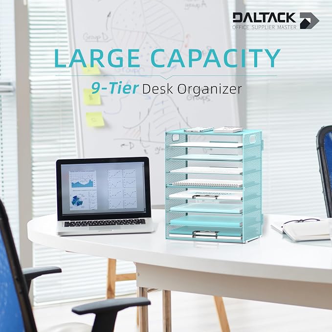 9-Tier Paper Organizer for Desk, Metal Mesh Letter Tray with Handles, Blue | Desk File Organizer with Removable Trays for Sorting Files, Folders, Mail and Printer Paper at Home, School or Office - Image 2