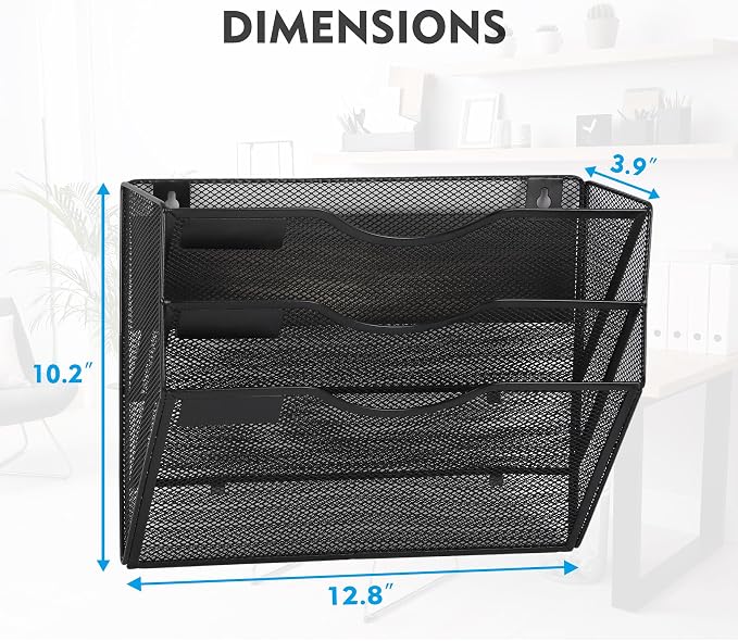 Magnetic 3 Pocket Mesh Hanging Wall File Organizer, Wall Mounted Mail Paper Document Folder Holder, Clipboard Storage Magazine Rack with Nametag Label for Office Home School, Black - Image 3
