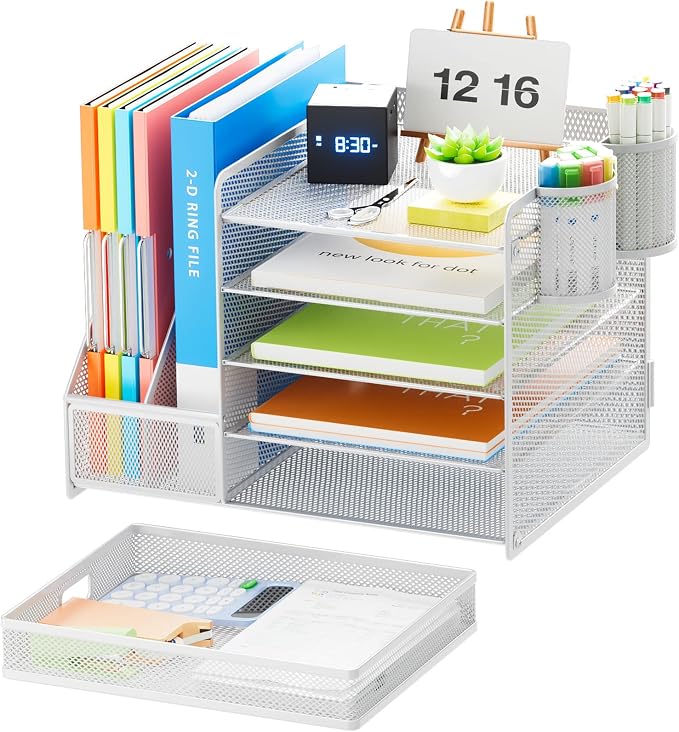 Marbrasse Desk Organiser with File Holder, 5-Tier Paper Letter Tray Organiser with Drawer and 2 Pen Holder, Mesh Desktop Organizer and Storage with Magazine Holder for Office Supplies(White) - Image 2