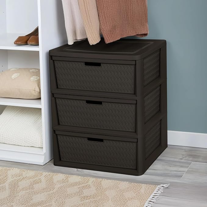 2 Pack,3-Drawer Storage Tower, Wide Plastic Organizer with Removable Bins | Decorative Weave Design, Tool-Free Assembly, Removable Bins, Carry Handles, Drawer Stops, BPA-Free - Image 2