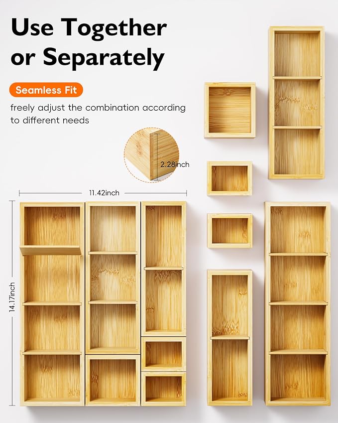 Bamboo Drawer Organizer Set, 6 PCS Trays with 12 Compartments | Natural Bamboo, Flexible Modular Trays, Water-Resistant, Stackable Design, Adjustable, Excellent Organization, Easy to Clean - Image 2