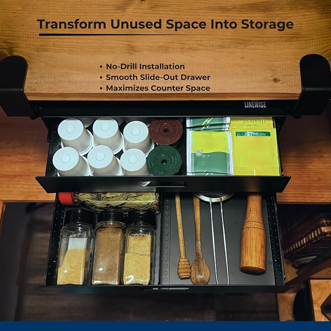 Clamp-On Under Desk Drawer Slide Out - No-Drill Metal Storage, LINEWISE | Also works as an under-table storage drawer, organizer, or attachment - installs in minutes, no tools, no damage. - Image 7