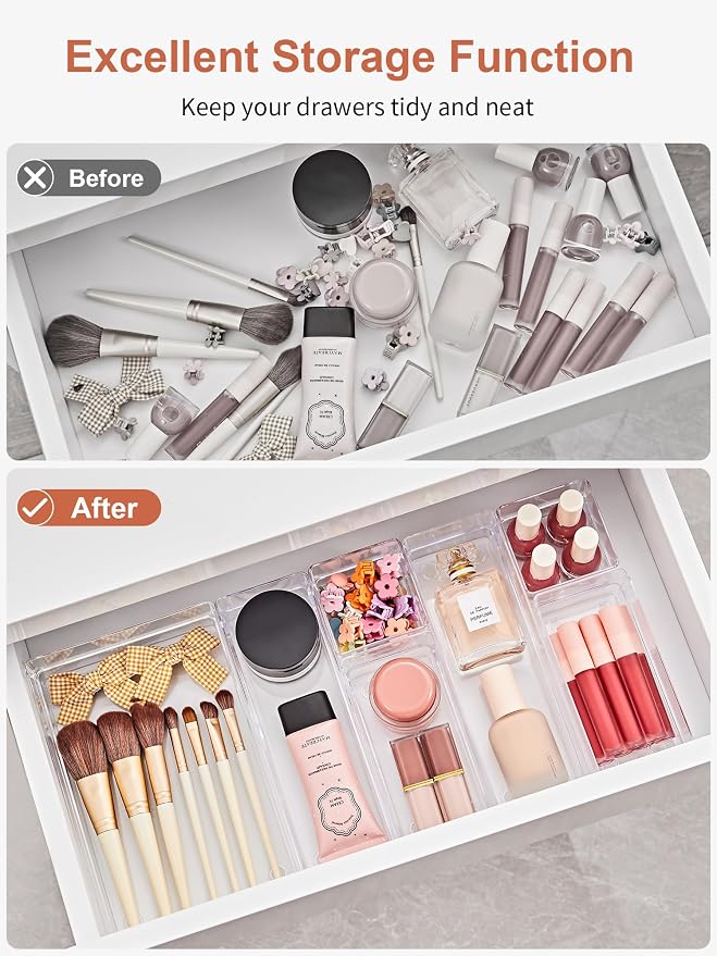 SMARTAKE 37 PCS Drawer Organizer 4 Size Desk Makeup Drawer Organizer Clear | Storage Trays with Non Slip Silicone Pads for Makeup , Jewelries, Utensils in Bedroom Dresser, Office, Kitchen and Bathroom - Image 4