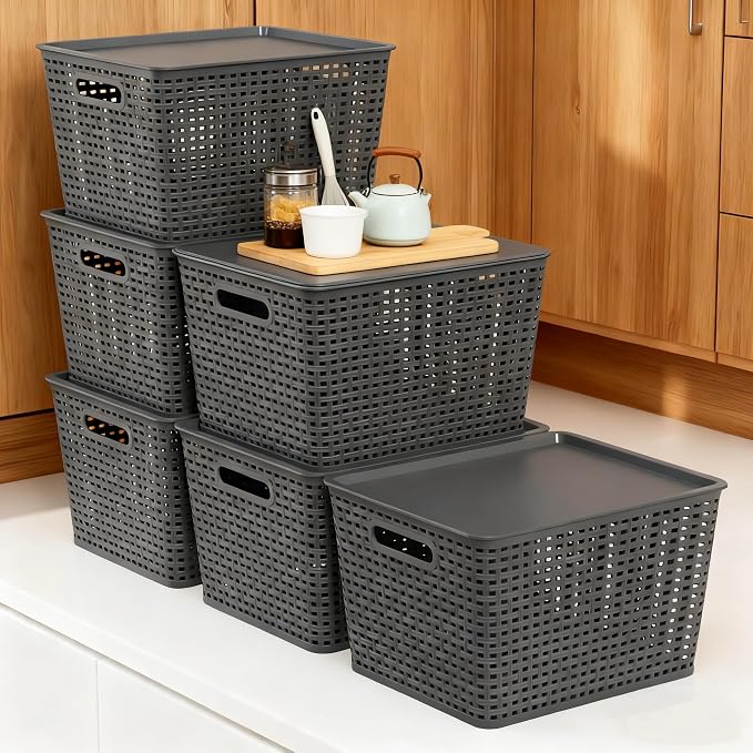Zopnny Stackable Plastic Storage Baskets with Lids, 20-Qt (6 Pack) | Nesting Storage Bins for Shelves, Drawers, Closet, Classroom, Office, Plastic Stackable Storage Bins, Organizing Basket - Image 5