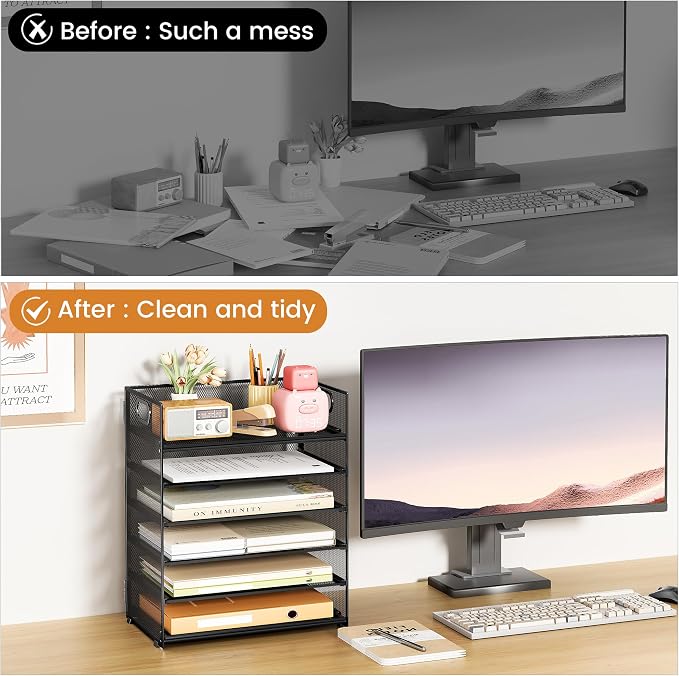 Subekyu 6 Tier Paper File Tray Organizer for Desk, Black Mesh Desk Letter Paper File Folder Accessories Sorter Organizer with Handle, Stackable Slide Tray for Office, Home or School Supplies Storage - Image 2