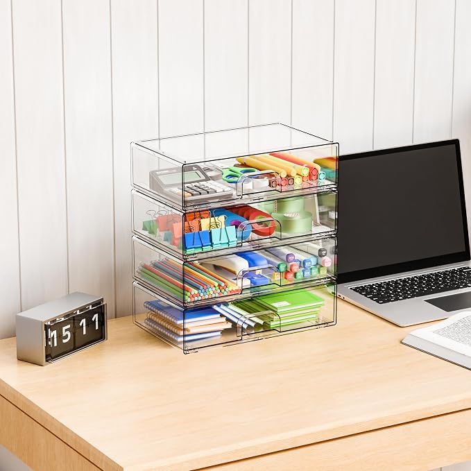 12.2''W Clear Stackable Storage Drawers,4 Pack Acrylic Drawers,Bathroom Organizer Bin and Plastic Makeup Organizer,Clear Stacking Brightroom Storage Boxes for Vanity,Cabinet,Pantry Organization - Image 4