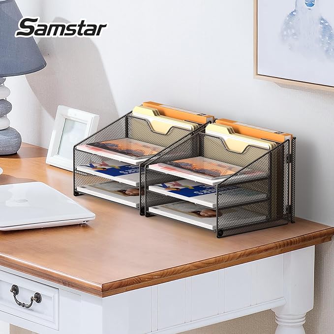 Samstar 2 Pack Mesh Desk File Organizer Letter Tray Holder, Desktop File Folder Holder with 3 Paper Trays and 2 Vertical Upright Section, Black - Image 5