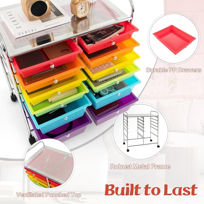 GOFLAME 12-Drawer Rolling Storage Cart, Multipurpose Organizer Cart with 2 Sizes Plastic Drawers, Mobile Utility Cart with Lockable Casters for School, Home Office, Beauty Salon, Multicolored - Image 6