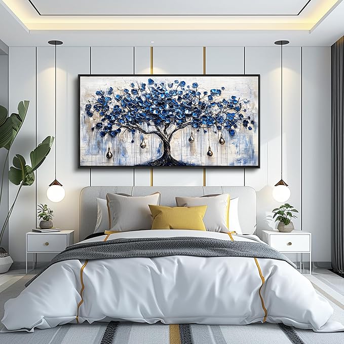 XIGUANGART Tree of Life Large Wall Art Watercolor Blue Farmhouse Framed Artwork Tree & bell Canvas Prints Pictures Modern Abstract Paintings Wall Decor for Living Room Bedroom Home Office Decoration