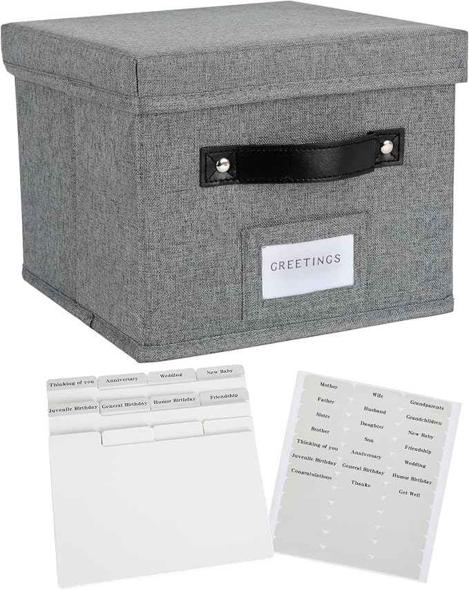 Greeting Card Organizer with dividers - Storage Box with lid Holds 150+ Cards - Assortment Box for Greeting Cards,Recipes, Photos, Envelopes, Keepsake - 9 x 9 x 7 Inches (Gray, 1 pcs) by TARSUKA