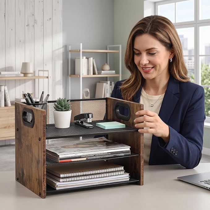 Desk Organizer - 3 Tier Wood & Metal Mesh Desktop Organizer for Office, Home, School, Workspace, Office Desk Organzier for Papers, Mail, Notebooks, Stationery - Image 6