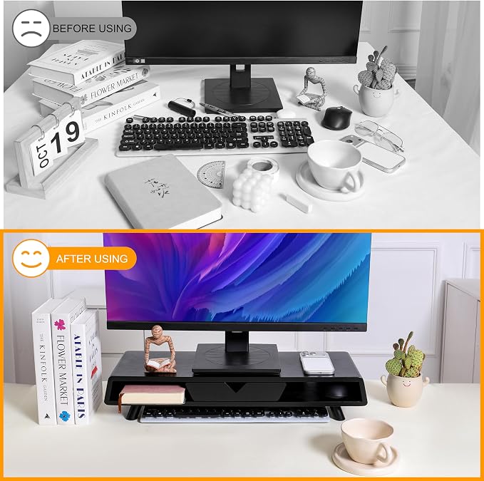 Homerays Monitor Stand with Drawer, Exquisite Computer Monitor Stand for Desk, Ergonomic Wood Monitor Stand Riser for Computer,Laptop,Printer,TV,Bamboo,Black - Image 3