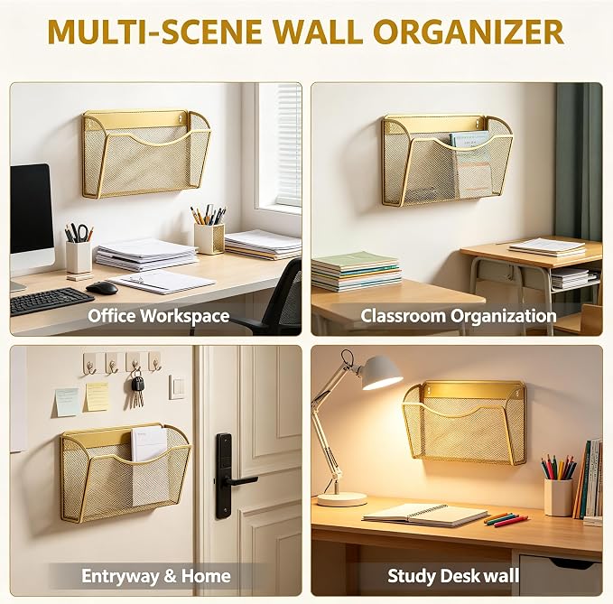 Gawerk Mesh Hanging Wall File Holders, Metal Vertical Wall Basket Mail Organizer for Office/Home (Gold, 6 Pack Wall Mounted) - Image 5