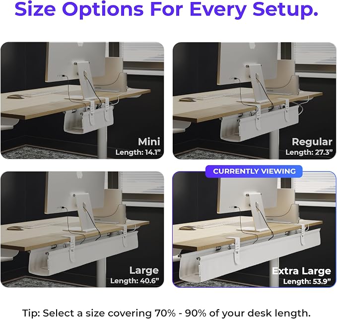 Original No Drill Under Desk Cable Management Tray 53.9" - Premium White Fabric Cable Management Under Desk - Clamp/Screw Mount Cord Organizer - Supports Upto 66lbs - Extra Large - Image 4