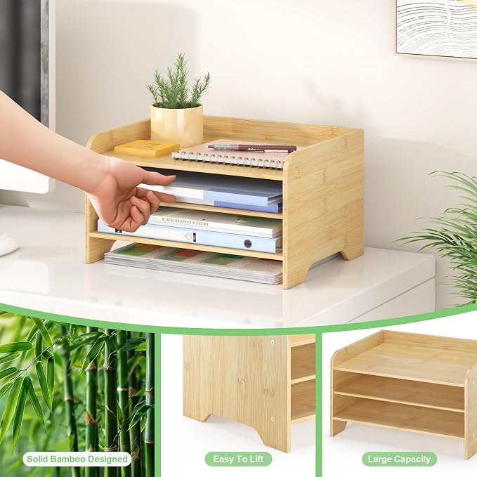Bamboo File Organizer for Desk, Desktop Paper Tray and Mail Holder | Three open tiers keep A4/letter paper, folders, bills and mail sorted, visible and easy to reach while saving desk space - Image 4