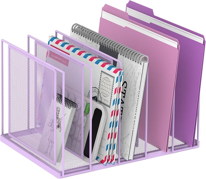 File Organizer for Desk, 5-Section Vertical File Sorter, Paper Holder Organizer Standing Metal File Folder for Office Home Classroom, Purple by JMHUD