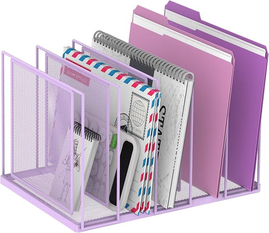 File Organizer for Desk, 5-Section Vertical File Sorter, Paper Holder Organizer Standing Metal File Folder for Office Home Classroom, Purple by JMHUD