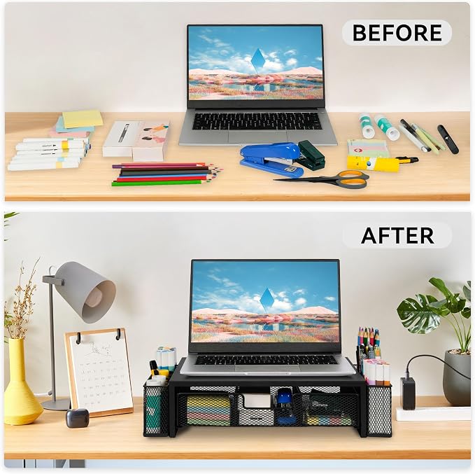 Qupui Computer Monitor Stand Riser with Drawer and Pen Holders, Desk Organizer Shelf and Accessories, Office Desk Accessories, Office Organization, Black - Image 3